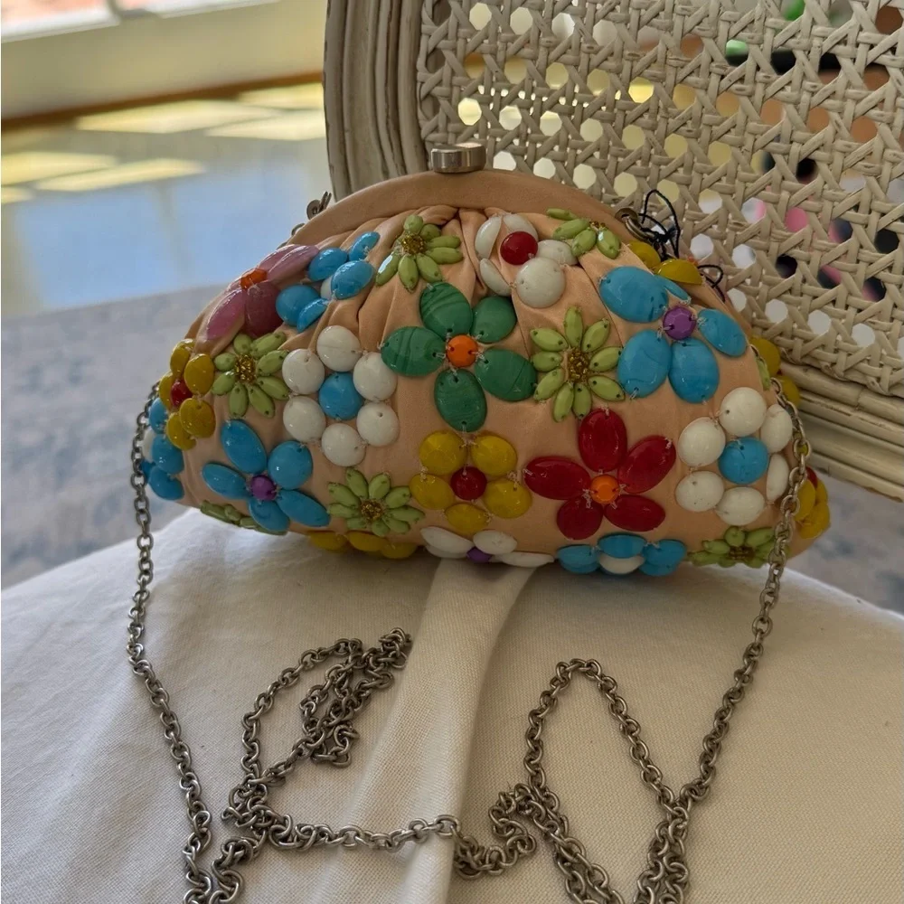 Beige Floral Beaded Clutch with Multicolor Flower Accents
